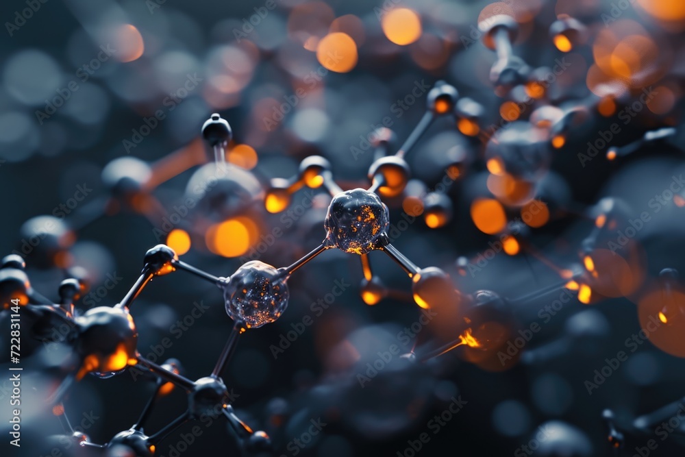 Covalent molecules simulated with soft focus on black background. - obrazy, fototapety, plakaty 