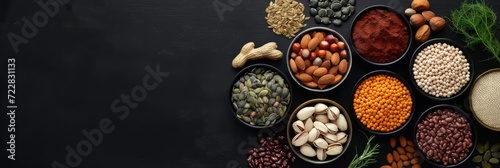 various bowls of nuts, seeds and legumes on a black background