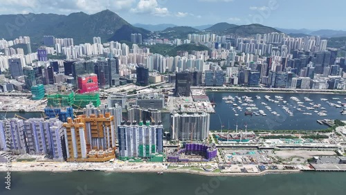 Hong Kong  Kowloon Bay Ngau Tau Kok Kwun Tong Lam Tin Cha Kwo Ling Yau Tong ,a commercial and residential seaside satellite town, built on a bay in CBD of Hong Kong, Aerial drone City skyview photo