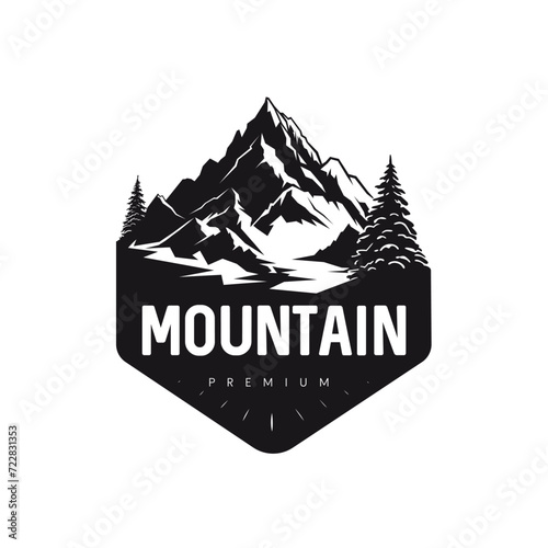 Monochrome illustration with a mountain emblem on a white background.