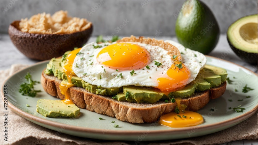 Avocado toast with fried egg on a plate, healthy breakfast Avocado toast with fried egg on a plate, healthy breakfast