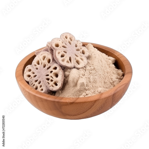 pile of finely dry organic fresh raw lotus root powder in wooden bowl png isolated on white background. bright colored of herbal, spice or seasoning recipes clipping path. selective focus photo