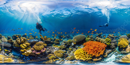 vue sous-marine panoramique equirectangulaire 360x180° dans un lagon de la Polynésie avec coraux et poissons exotiques  © Sébastien Jouve