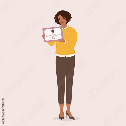 One Smiling Black Businesswoman Standing And Displaying A Certificate. Full Length.