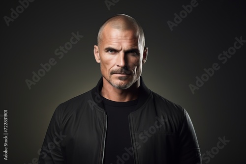 Portrait of a serious mature man wearing a black leather jacket on a dark background.