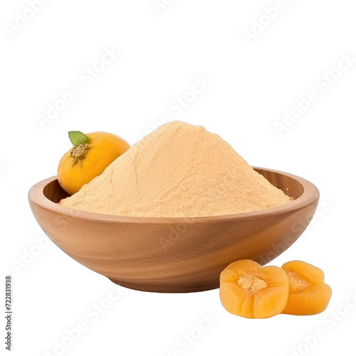 pile of finely dry organic fresh raw lucuma fruit powder in wooden bowl png isolated on white background. bright colored of herbal, spice or seasoning recipes clipping path. selective focus photo