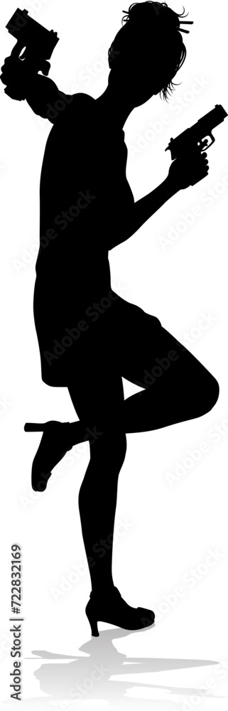 An action hero female movie star woman in silhouette. In a hitman, spy or secret agent detective type role halding a hand gun. An action hero female movie star woman in silhouette. In a hitman, spy or secret agent detective type role halding a hand gun.