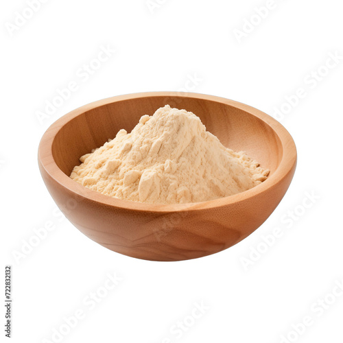 pile of finely dry organic fresh raw lucuma powder in wooden bowl png isolated on white background. bright colored of herbal, spice or seasoning recipes clipping path. selective focus photo