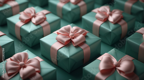 Repetitive pattern of elegant teal gift boxes decorated with a satin baby pink ribbons and bows. Concept for birthdays, holiday events or other celebrations. Top view, banner template, poster design.