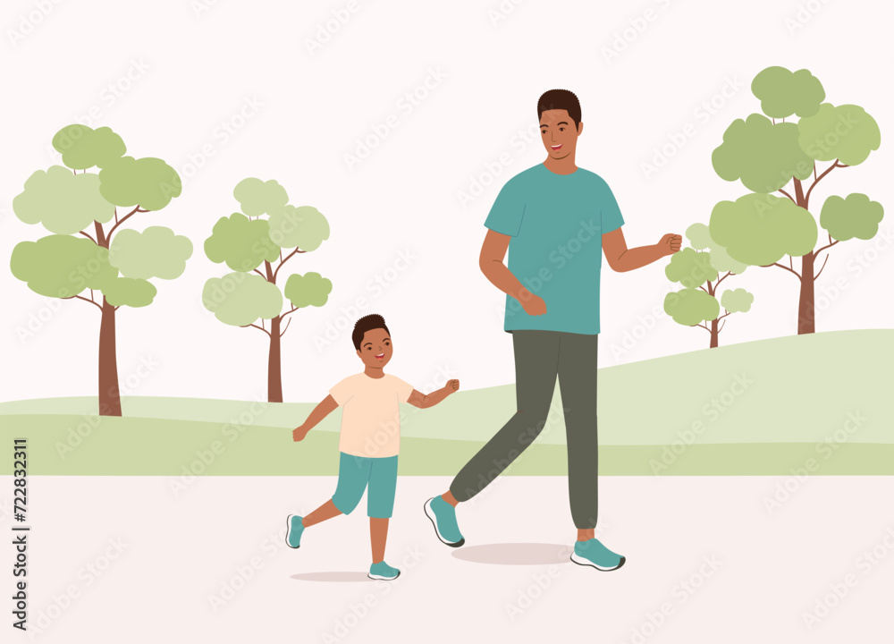 Smiling Black Father And Son Running In The Park. Full Length. Smiling Black Father And Son Running In The Park. Full Length.