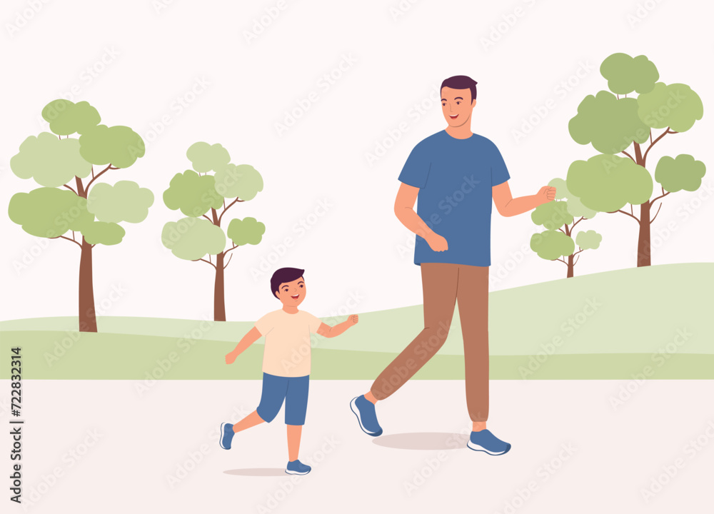 Smiling Father And Son Running In The Park. Full Length. Smiling Father And Son Running In The Park. Full Length.