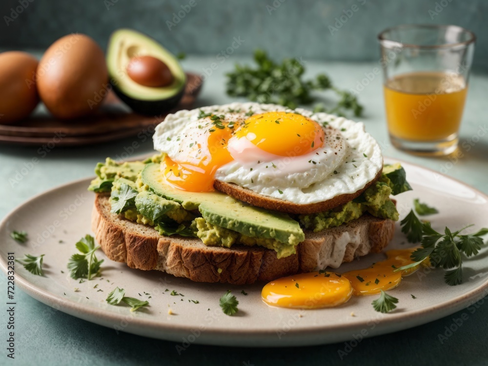 Avocado toast with fried egg on a plate, healthy breakfast