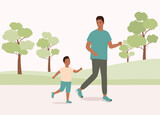 Smiling Black Father And Son Running In The Park. Full Length.