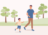 Smiling Father And Son Running In The Park. Full Length.