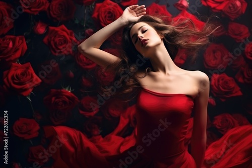 Model in red dress with closed eyes, copy space. Valentine's day.