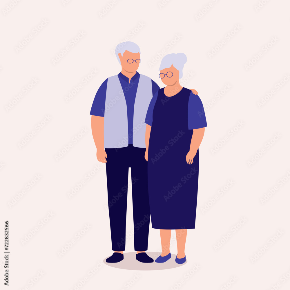 Portrait Of Elderly Couple With Arms Around. Full Length. Flat Design. Portrait Of Elderly Couple With Arms Around. Full Length. Flat Design.