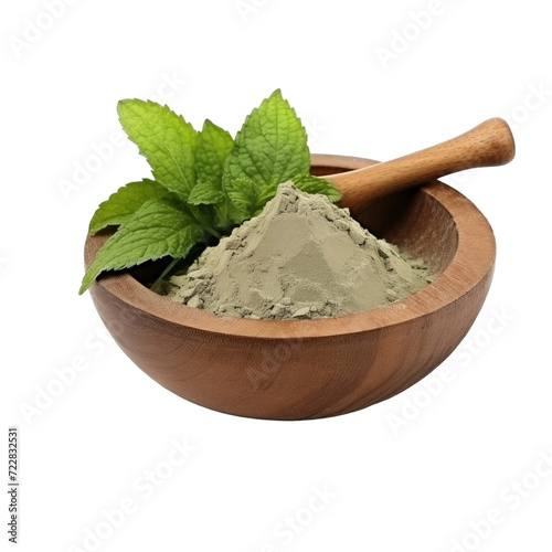 pile of finely dry organic fresh raw lungwort leaf powder in wooden bowl png isolated on white background. bright colored of herbal, spice or seasoning recipes clipping path. selective focus photo