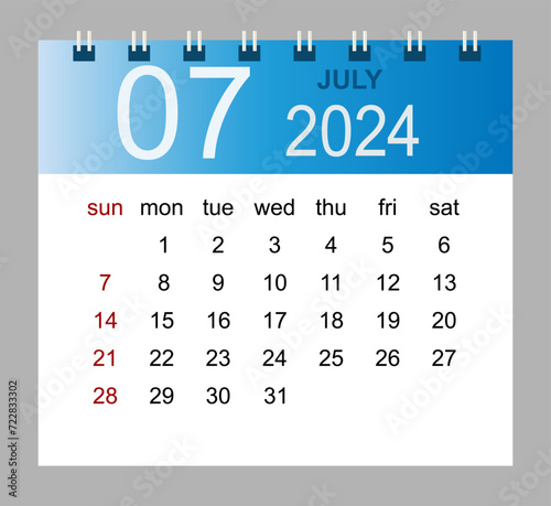 July 2024. Vector monthly calendar template 2024 year in simple style for template design. Week starts from Sunday.