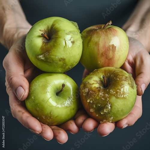 woman holds a rotten, spoiled crop, overripe green apples with dirty peel. protecting green apples fruits harvests from mold, fungus, decay and desease parasite for food waste decomposition concept photo