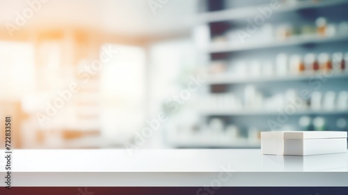 Fotografering Counter with a blurred pharmacy store background, showcasing empty shelves ready