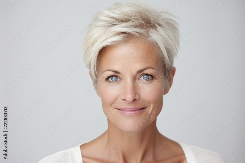 Closeup portrait of a beautiful middle aged woman smiling at the camera Closeup portrait of a beautiful middle aged woman smiling at the camera