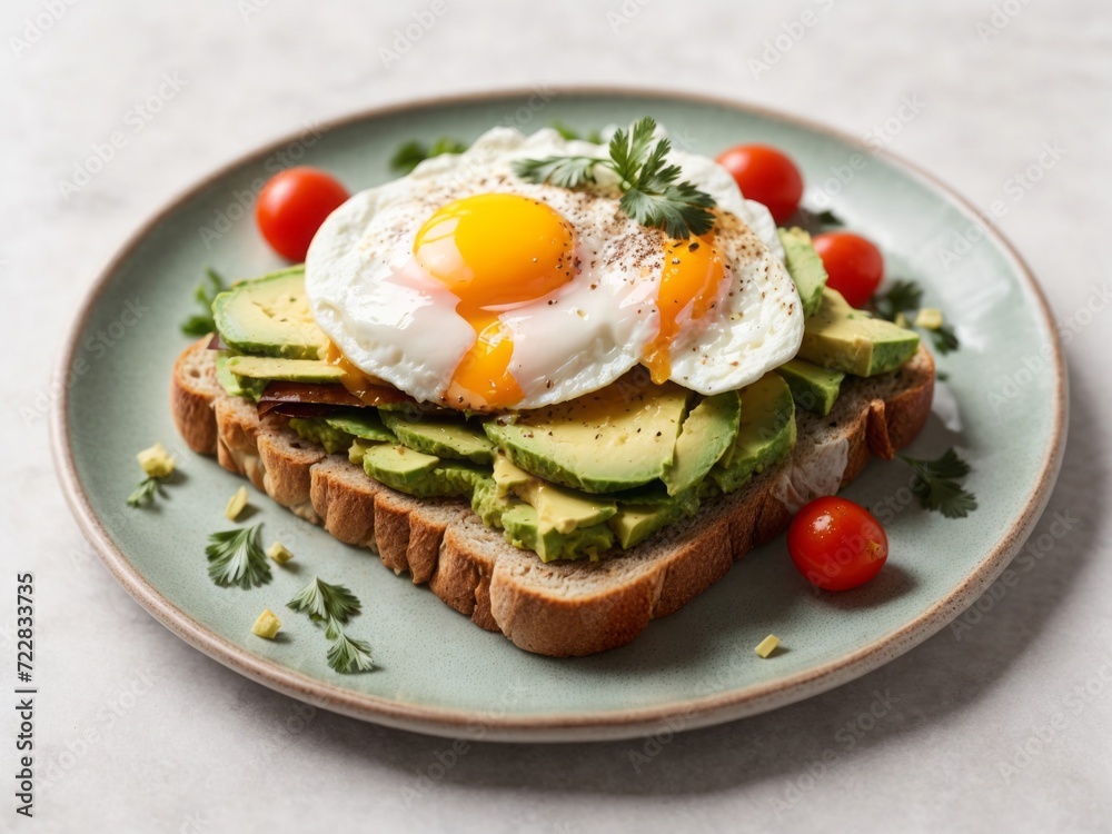 Avocado toast with fried egg and tomatoes on a plate Avocado toast with fried egg and tomatoes on a plate