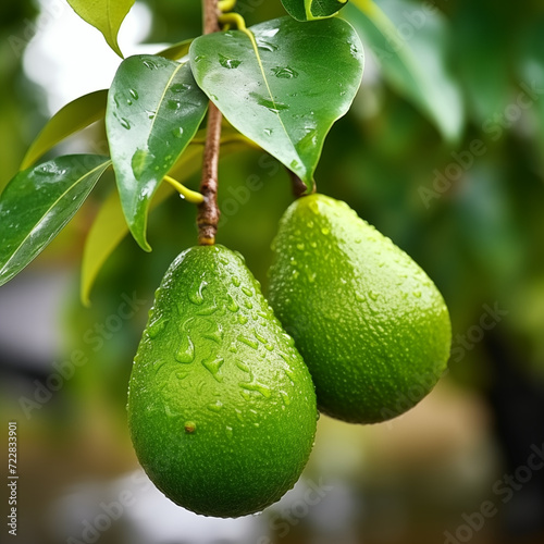 close-up of a fresh ripe avocado hang on branch tree. autumn farm harvest and urban gardening concept with natural green foliage garden at the background. selective focus
