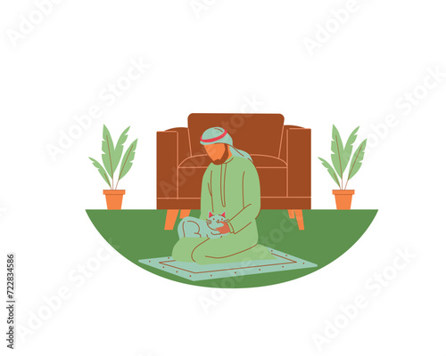 ANI01-06Muslim man with cat at home. Animal fostering and adoption act concept and design. Vector illustration in flat style.
