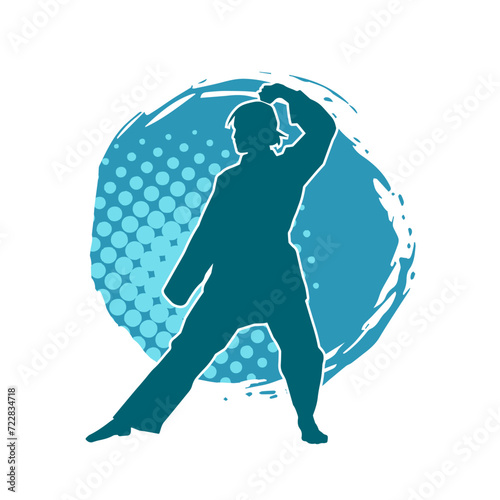 Silhouette of a slim female doing martial art pose. Silhouette of a martial art woman in action pose.