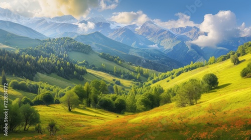 Majestic view of beautiful lush green valley with trees and colorful grass against picturesque high mountains
