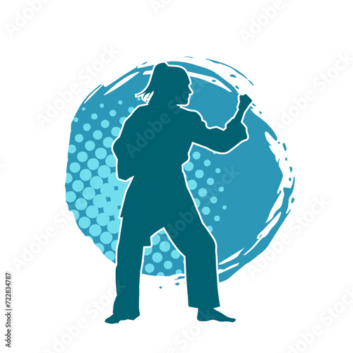 Silhouette of a slim female doing martial art pose. Silhouette of a martial art woman in action pose.