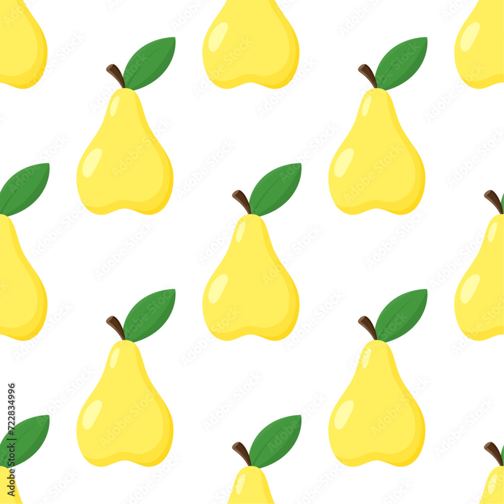 Obraz premium Pears vector seamless pattern. Yellow fruits with green leaves on white background. Best for textile, wallpapers, kitchen decoration, wrapping paper, package and web design.