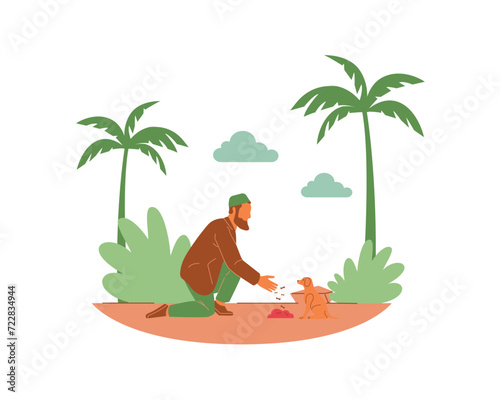 An arabian young man feeds a cat in the park. Vector design of animal adoption and fostering concept and illustration in flat style.