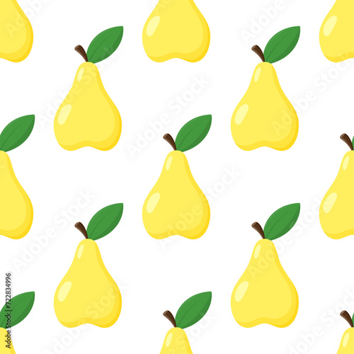 Pears vector seamless pattern. Yellow fruits with green leaves on white background. Best for textile, wallpapers, kitchen decoration, wrapping paper, package and web design.
