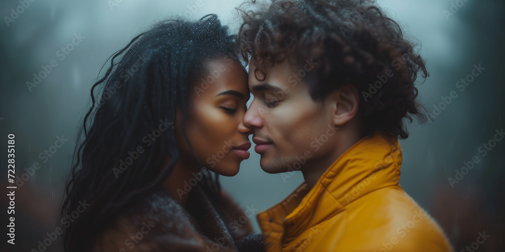 A romantic and moody image of a young couple about to kiss, with raindrops adorning their hair, set against a misty backdrop.
A romantic and moody image of a young couple about to kiss, with raindrops adorning their hair, set against a misty backdrop.