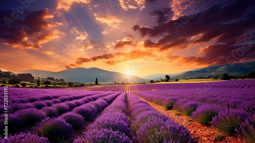 Provence sun, lavender fields, gentle caress, symphony of purple, tranquil, picturesque landscape. Generated by AI.