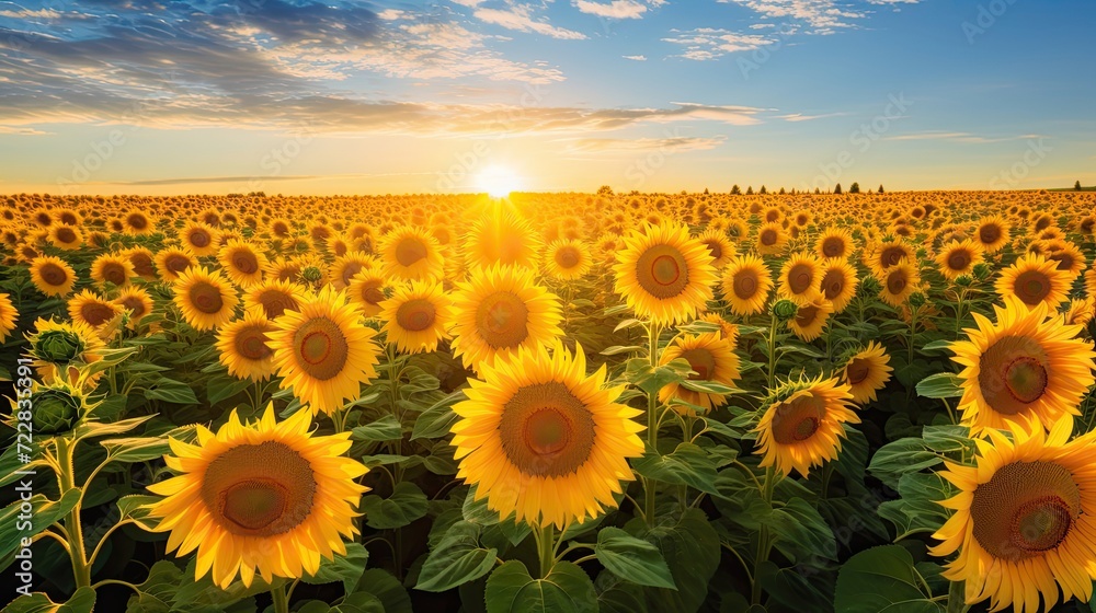 Vibrant sunflower field, full bloom, golden heads, turned towards the sun, vibrant energy, summer's warmth. Generated by AI.