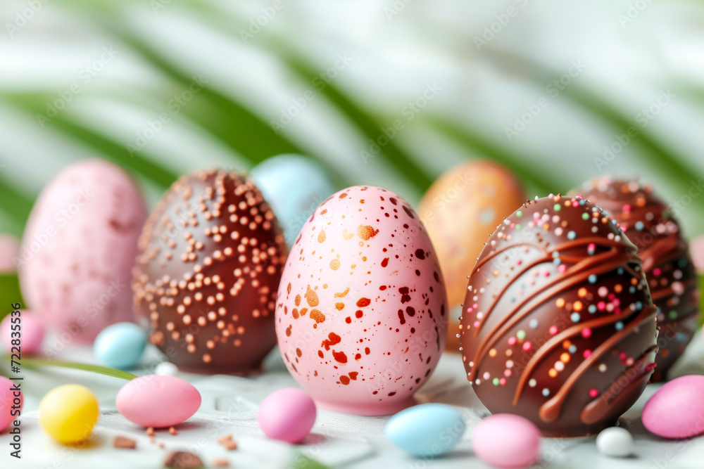 Easter concept. Close up chocolate Easter eggs, featuring colorful glaze designs with festive sprinkles, complemented by green palm leaves, ideal for seasonal marketing and celebrating Easter