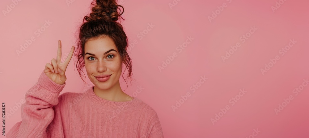 Confident Woman with Victory Sign on Pink Background
Confident Woman with Victory Sign on Pink Background