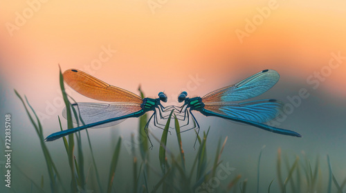 Two banded demoiselles Calopteryx splendors hang photo