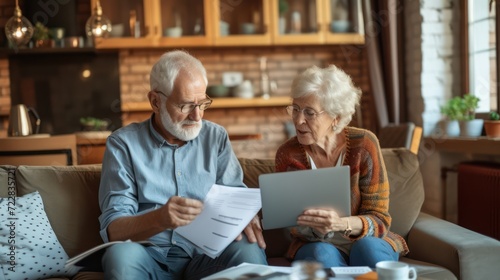 Senior old elderly spouses grandparents reading documents, having issue problem debt with money loss, doing paperwork together at home. Mortgage, loan and commerce procedures photo