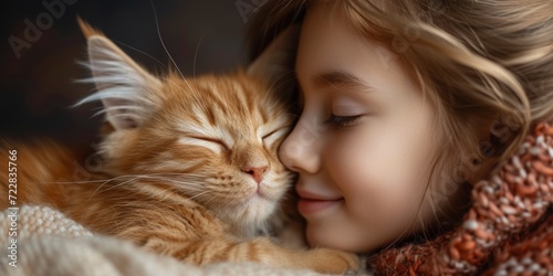 Adorable friendship  cute girl and kitten relaxing  showing the beauty of children s communication at home.