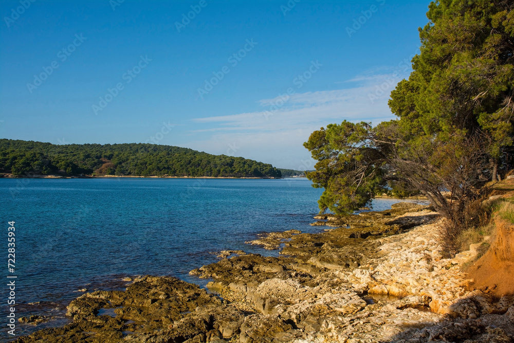 The coast of the Kasteja Forest Park - Park Suma Kasteja - in Medulin, Istria, Croatia. Premantura peninsula is in the background. December