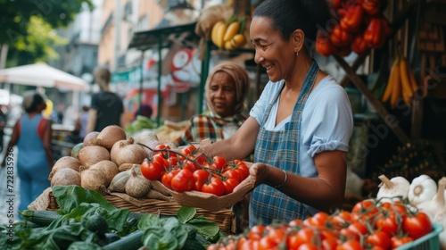 Young Beautiful Customer Shopping for Fresh Natural Vegetables for a Mediterranean Dinner. Black Female Buying Bio Tomatoes and Ecological Local Garlic From a Happy Senior Street Vendor photo