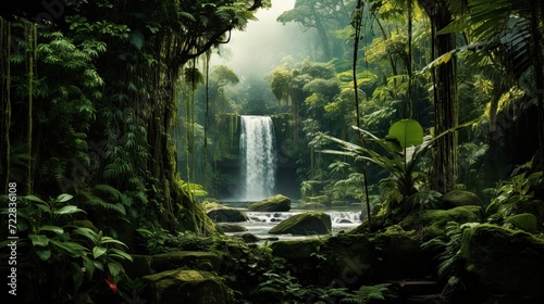 Dense and lush rainforest with a vibrant array of vegetation. Flourishing biodiversity  verdant greenery  tropical wilderness  thriving ecosystem. Generated by AI.
