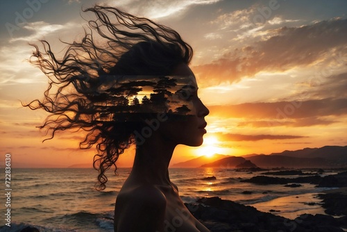 woman on the beach at sunset with double exposure  silhouette at sunlight