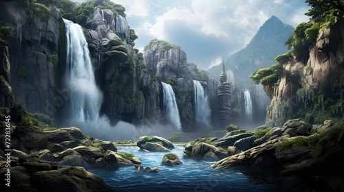 Magnificent waterfall flows down a rocky cliffside. Impressive cascade, rugged terrain, natural wonder, breathtaking landscape, cascading beauty. Generated by AI.
