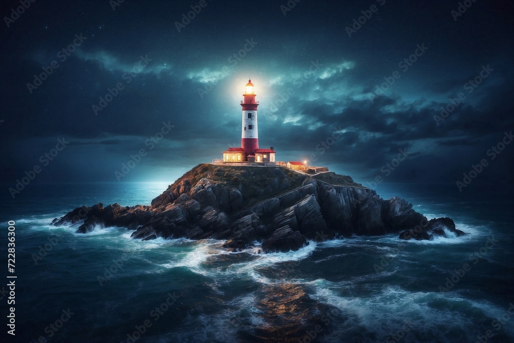lighthouse on the coast of the sea, cinematic blue light, seascape