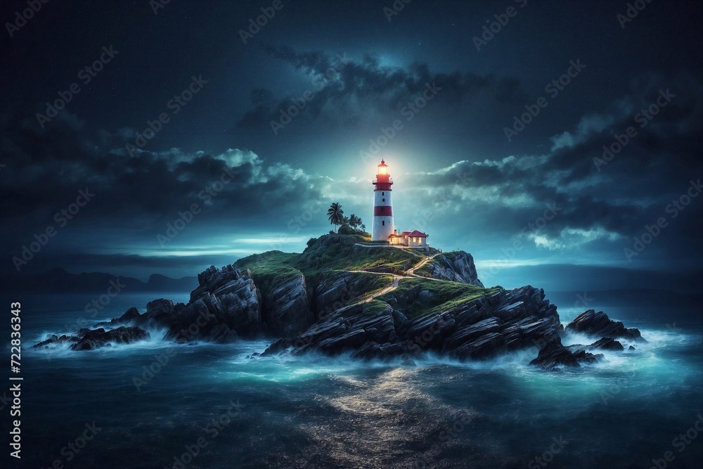 lighthouse at night, storm clouds, cinematic blue light, storm in the dark ocean