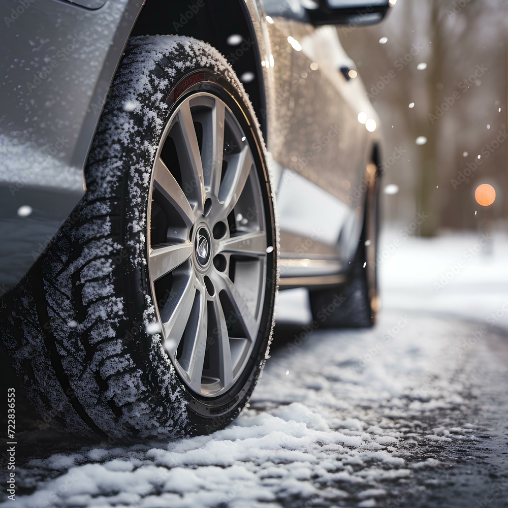 Close-up wheel of a car in winter snowy weather. Winter rubber. AI generation